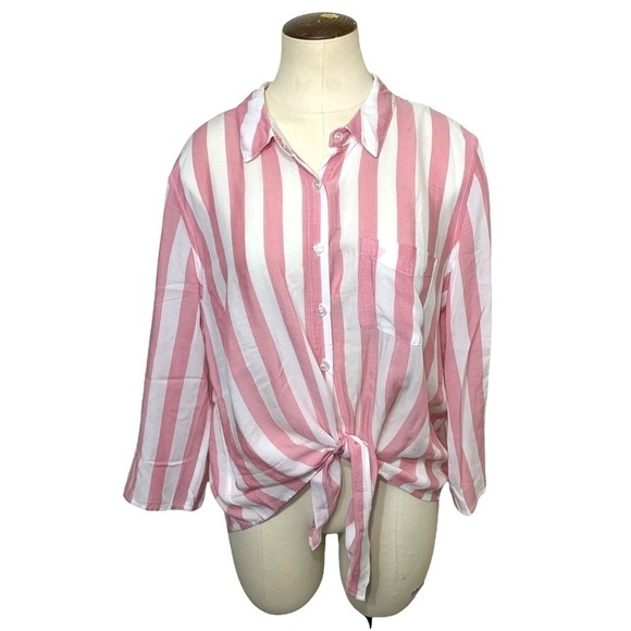 PINK rose flowy pink white blouse button down barbie core relax fit top sz large - Picture 1 of 13